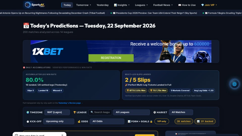 Live website capture of SportyAIpicks